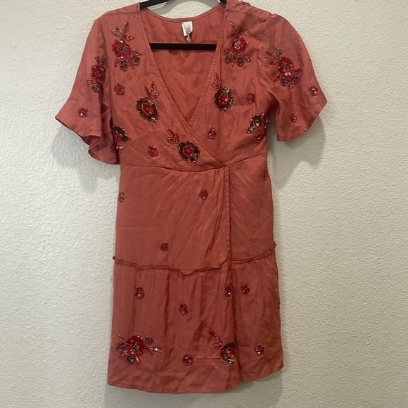Anthropologie Raga Red Embellished Sequin Faux Wrap Dress S - Picture 1 of 7